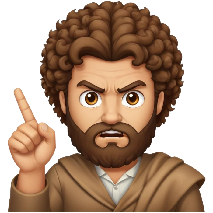 Angry tan man with big curly brown hair and brown eyes pointing at me with a beard emoji