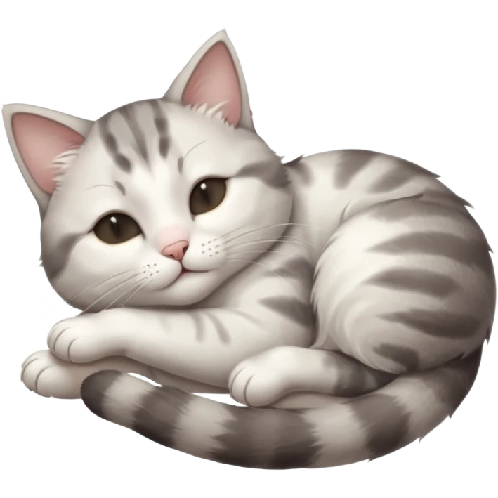grey and white small cat with eyes closed lying down upside down with paws stretched out straight in different directions emoji