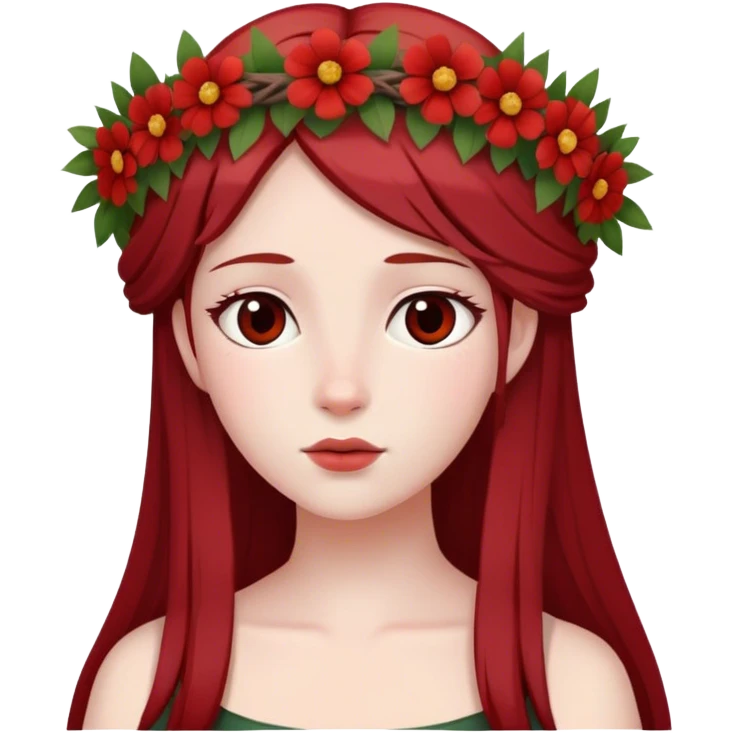 In Greek mythology, Persephone is often depicted as a young goddess with fair skin and dark red, straight hair. She is typically shown wearing a wreath of flowers emoji