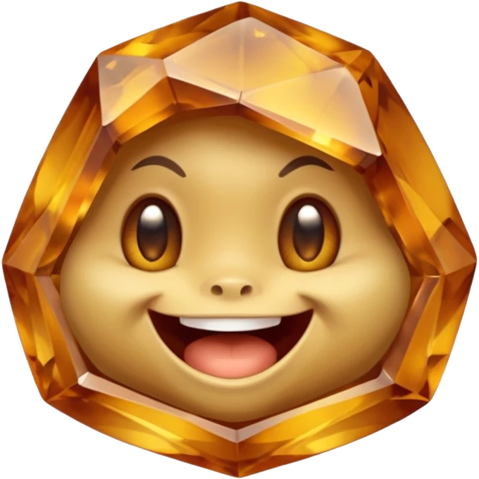 Single gemstone rock character, warm golden citrine, squat and heavy like a rock, with carved facets and tiny surface imperfections, cute round eyes and open smiling mouth, 3D game icon style, plain dark background, no other gems emoji