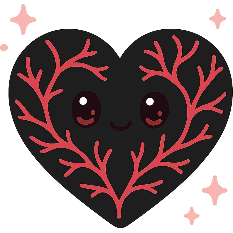 black gothic heart with glowing red veins, ornate, dark, elegant, kawaii style, with cute sparkles emoji