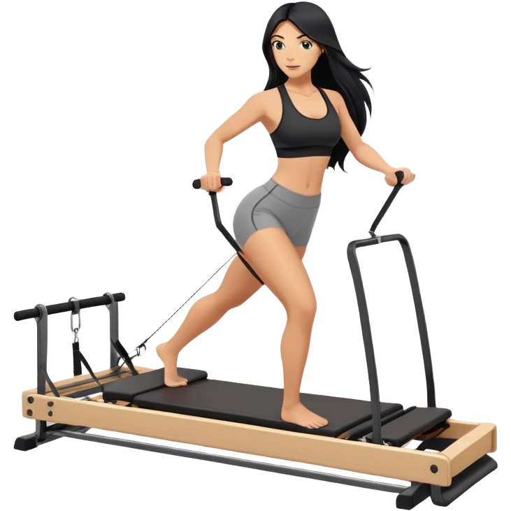 woman with tanned skin, long black hair, wearing a sports bra, doing exercise on a Pilates reformer machine emoji