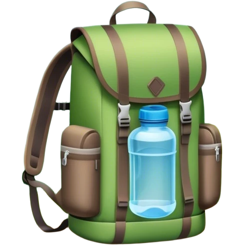 Icon for Ecotourism: a lightweight hiking backpack with a reusable water bottle, placed against a backdrop of lush green nature, with trees and a scenic trail. The icon should represent eco-friendly travel and the beauty of the outdoors. Transparent background. emoji