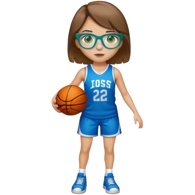 Full Body Girl with basketball short brown hair with blond highlights wearing blue glasses with green eyes emoji