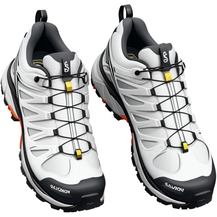 Pair of white Salomon XT-6 Gore-Tex shoes arranged with one slightly behind the other, iOS emoji style with simplified details, technical white hiking shoes with characteristic Quicklace system emoji