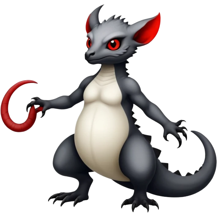a white exotic edgy vernid-fionbri-creature, with black belly and red eyes, full body emoji