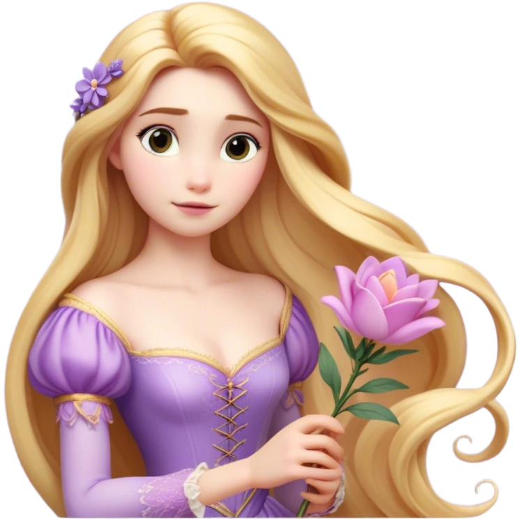 Cinematic Realistic Rapunzel Portrait, with porcelain-like skin featuring a subtle, natural glow, illuminated by soft lighting that brings out the gentle contours of her face. Her long, golden blonde hair cascades in detailed waves, each strand highlighted with a radiant shimmer as it catches the light. She playfully holds a flower in one hand, her other hand resting casually in her lap, with a warm and spirited expression. Her bright, expressive green eyes exude curiosity and warmth, framed by delicate lashes and soft, arched brows. She is dressed in her classic lavender and pink gown, the fabric textured with delicate folds that flow naturally, catching the light with a soft, radiant glow. The portrait captures a luminous, enchanting aura, seamlessly blending realism with a whimsical, fairytale charm, evoking a timeless sense of beauty and magic. emoji