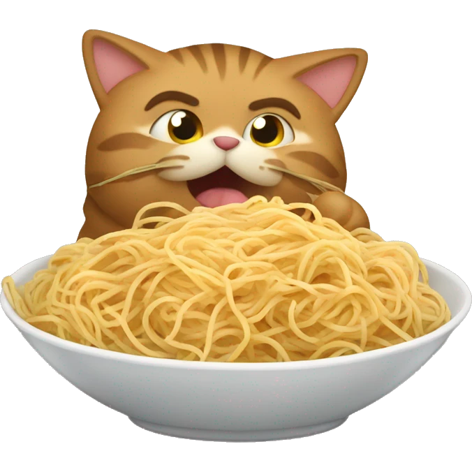 Fluffy tabby brown fat cat eating spaghetti  emoji