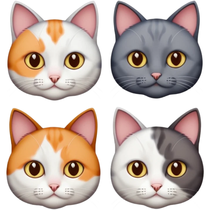 4 different coloured short haired cats including; a dark brown and white cat, and a dark grey and white, and a calico emoji