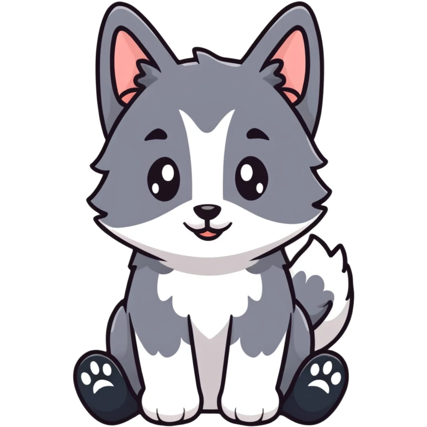 Grey kitten with a white face and paws, sitting atop a border collie emoji