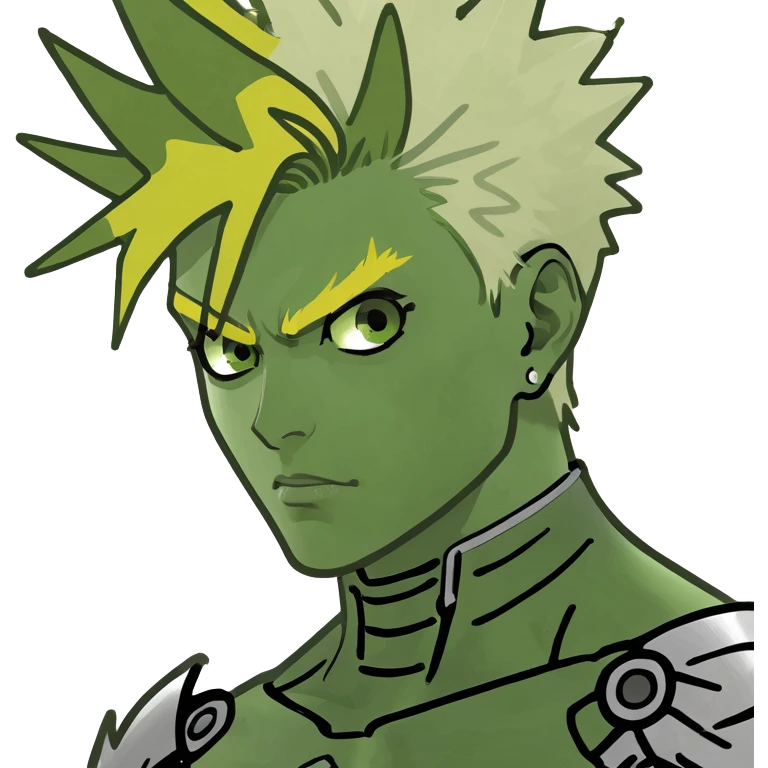 Genos from One Punch Man, android cyborg with spiky blond hair, metallic arms, intense eyes, compact and expressive, no text emoji