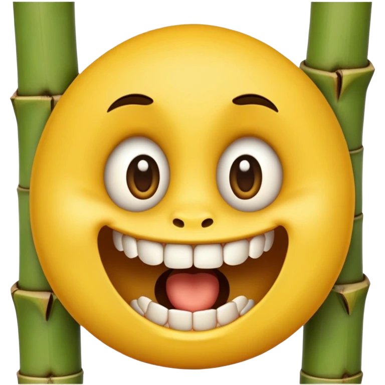 classic yellow emoji face with large eyes biting firmly on bamboo muzzle, teeth visible emoji