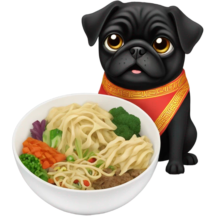 Black pug eating Chinese food emoji