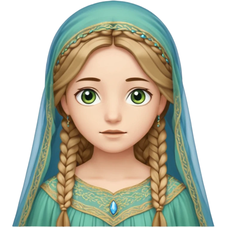 Joven de unos 20 años, de aspecto dulce y elegante.
Piel clara, ojos expresivos (pueden ser azules o verdes)
Rubio o castaño claro, largo, con trenzas o velo.
Vestido largo de tonos suaves (blanco, azul o lavanda), con bordados dorados; un manto o toca fina cubriendo la cabeza. emoji