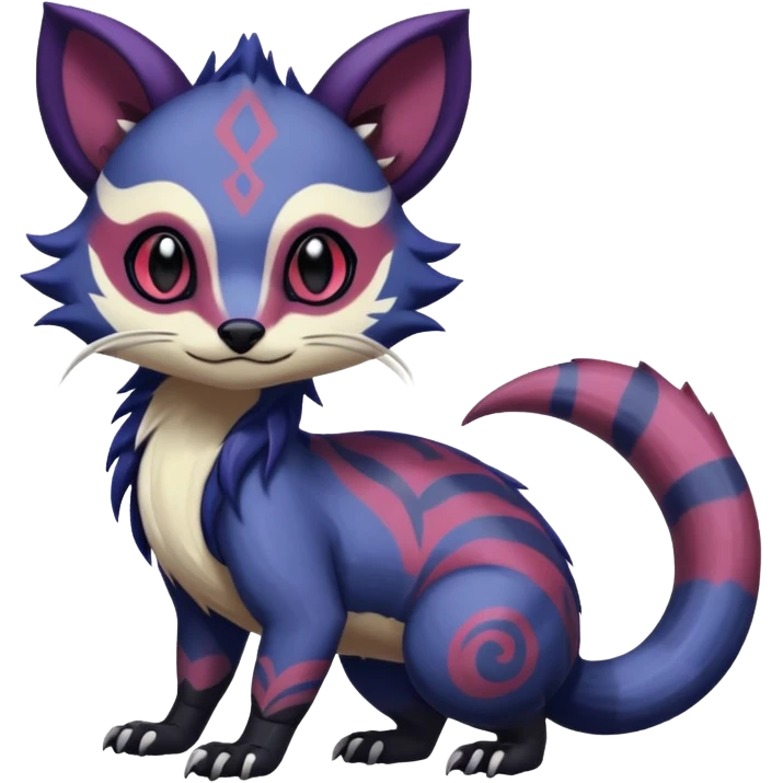 Rare warm-colored exotic gloomy tropical edgy cute epic aesthetic spooky indigo purple white black red gothic colorful Salandit-Furret-Espurr-Meowstic-Civet-species-Fakemon-hybrid-creature, with tribal tattoo markings, full body emoji
