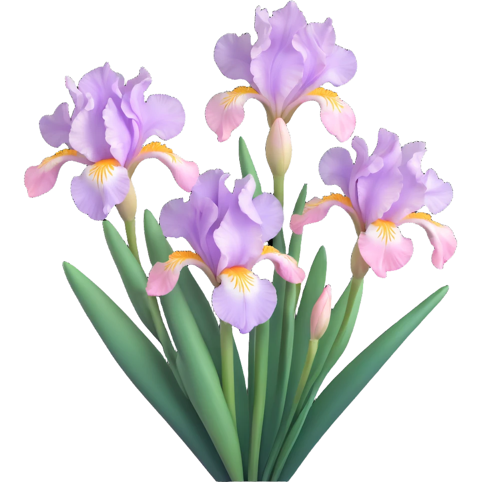 elegant iris blossoms, glossy, soft pink and white petals, modern and fresh, minimalistic background, iOS 3D emoji style emoji