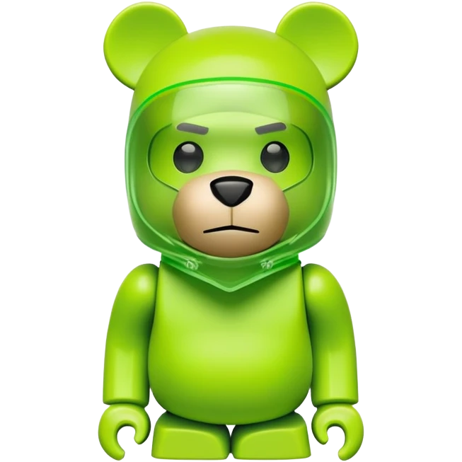 classic bearbrick toy figure with cubic head, wearing a lime green balaclava with clear aggressive eyebrows, blocky bear design not monkey emoji