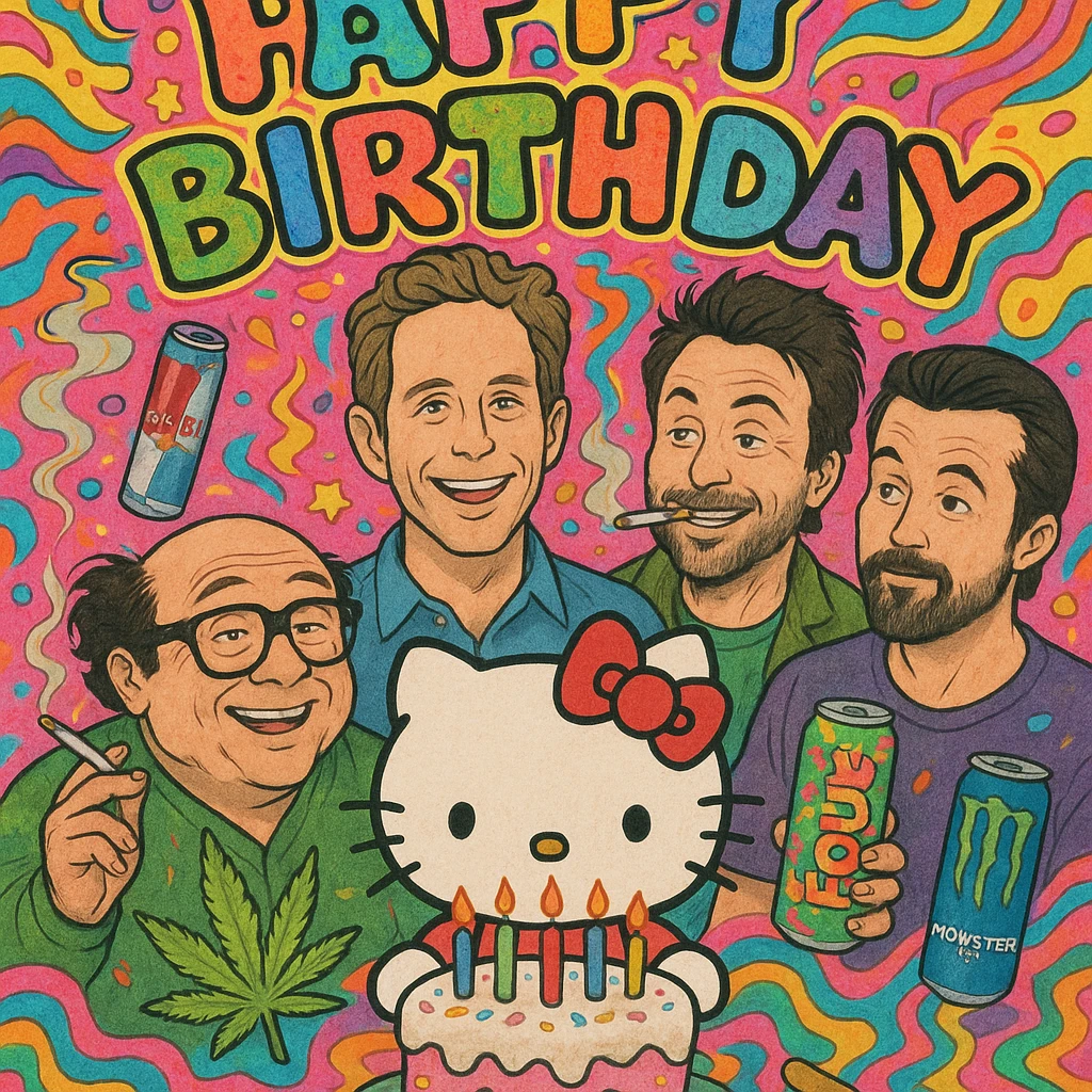 over-the-top birthday card featuring Hello Kitty, Sunny in Philadelphia characters, energy drinks, cigarettes, marijuana, wild colors and patterns emoji