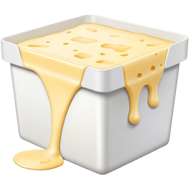 white cheese melting and overflowing from a white rectangle box, inspired by Président and Hochland packaging emoji