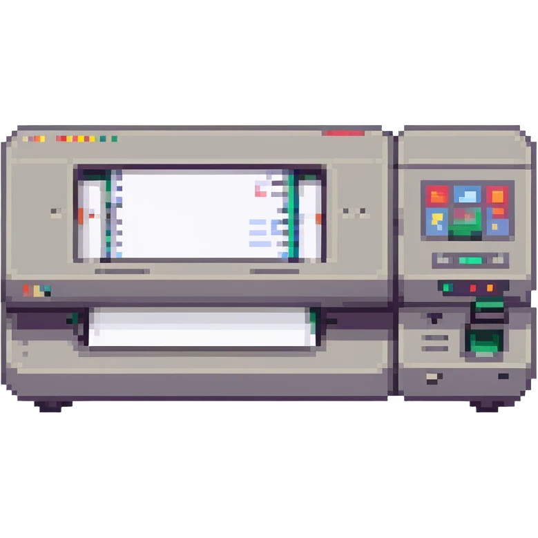 pixel art style animated document being fed into a flatbed scanner emoji