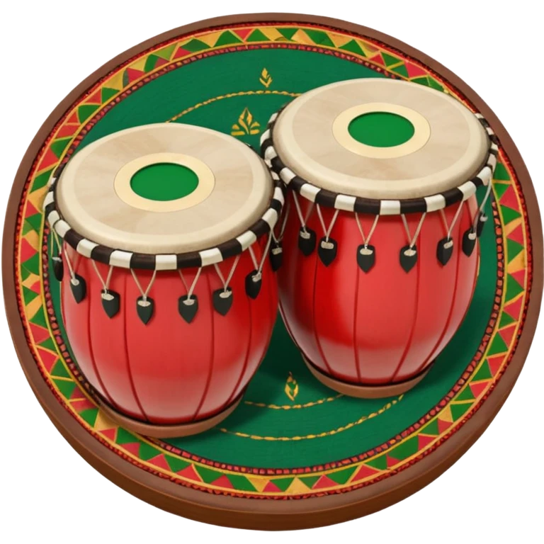 A traditional Pashto tabla (dobrai) placed on a woven mat, with cultural Pashtun patterns in the background. The tabla is wooden with leather drumheads, and vibrant traditional colors like red, green, and gold. Ethnic, folk music theme. emoji