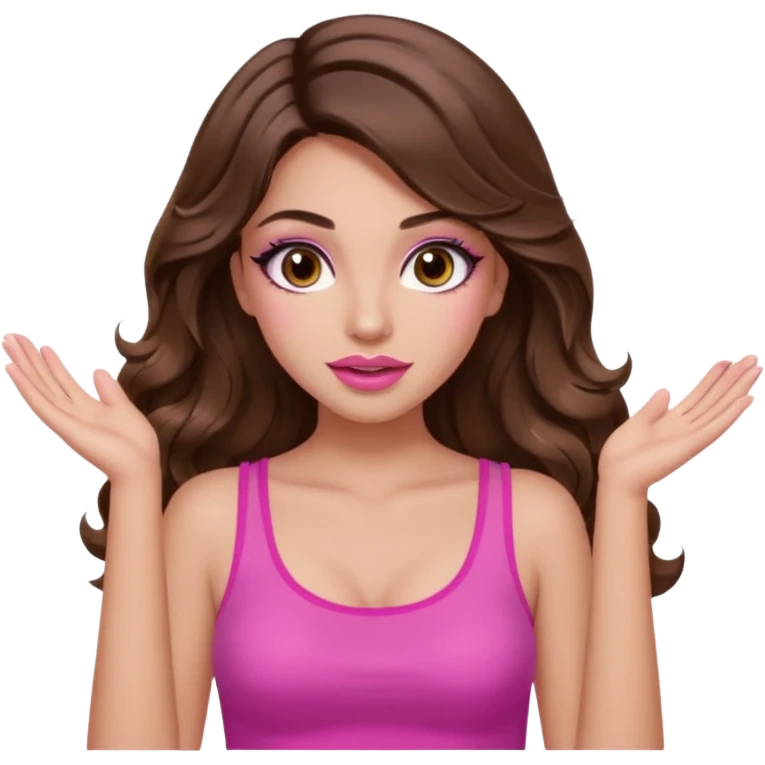 girl with long wavy brown hair, brown eyes, long lashes makeup, sexy pink lips, light to medium complexion, pink sexy top, two hand up shrugging emoji