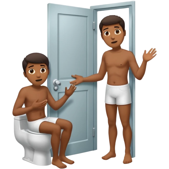 Man using the toilet while the other man is banging on the door begging holding it emoji