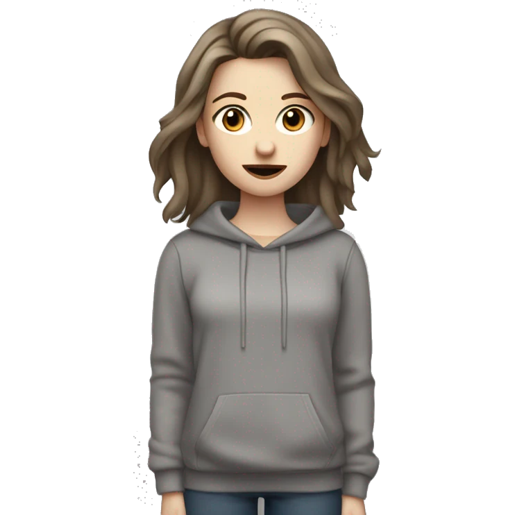a girl wearing a grey sweatshirt, with brown long layered middle parted hair, hazel eyes, pale skin, dark lips, singing into a microphone emoji