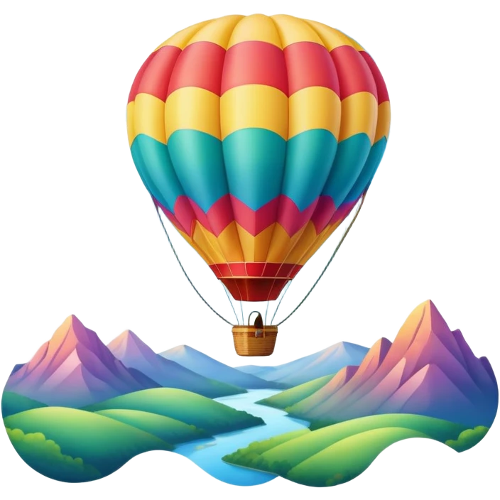 a clear sky and distant hills in the background with A colorful hot air balloon floating gracefully above the ground. The balloon's vibrant colors stand out against the soft clouds, capturing the peaceful yet adventurous spirit of hot air ballooning. emoji