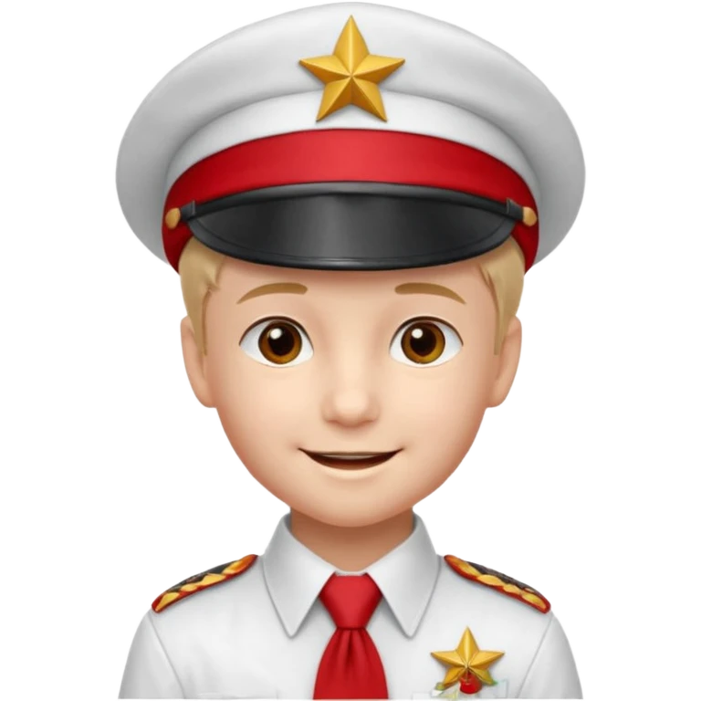 A Soviet pioneer emoji — smiling young boy wearing a white shirt with a bright red pioneer necktie and a classic red pilotka cap. The pilotka should look like a Soviet military cap, not a cowboy hat. Flat, smooth 3D shading emoji