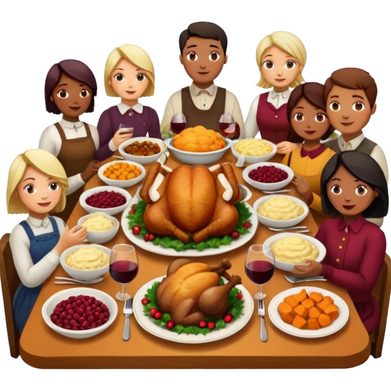 Thanksgiving Dinner with 10 people of different skin color around the table; have the food be a cooked turkey, mashed potatoes, corn, a basket of biscuits, a small bowl of cranberry sauce, baked yams, steamed vegetables, and a bottle of wine. emoji