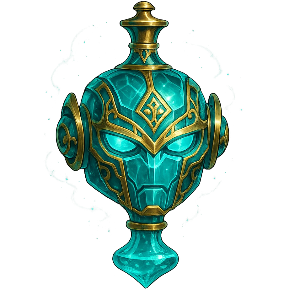 crystal luxurious elixir bottle in the shape of a robot head, cyan color, lots of glowing, edges, ornaments, golden details, magical effects, very small golden neck, transparent background, beautiful merging bottom, clearly floating in the air, no base or shadow, very luxurious, futuristic, matching the collection emoji