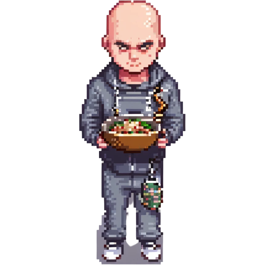 Pixel art thug in tracksuit, holding chain in Hand, bald head, angry expression, side view, retro arcade sprite 
Takes a plate of noodles in hand.  emoji