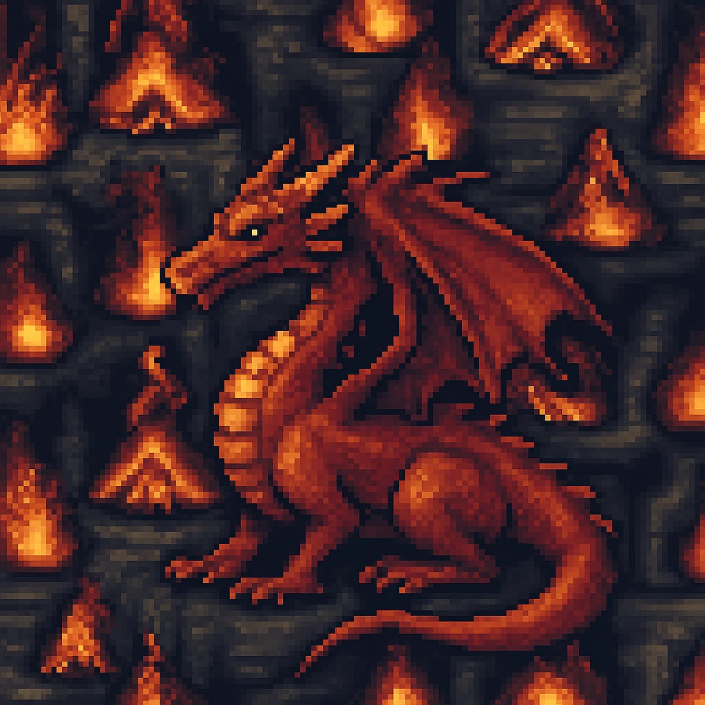 Add a pixel art style dragon to the scene, keep all original colours and lighting emoji