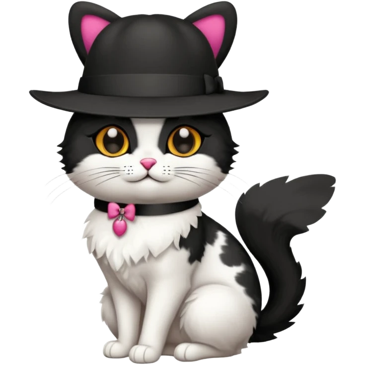 Chat blanc avec des tâches noir en costume, neud papillon et chapeau. emoji