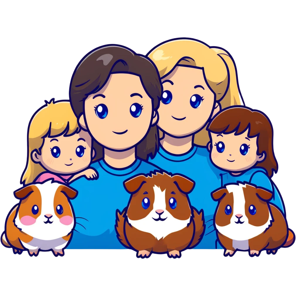 Family portrait with father with dark brown hair and blue eyes, mother with light brown hair and blue eyes, three blonde little girls with blue eyes, plus a grey cat and two guinea pigs emoji