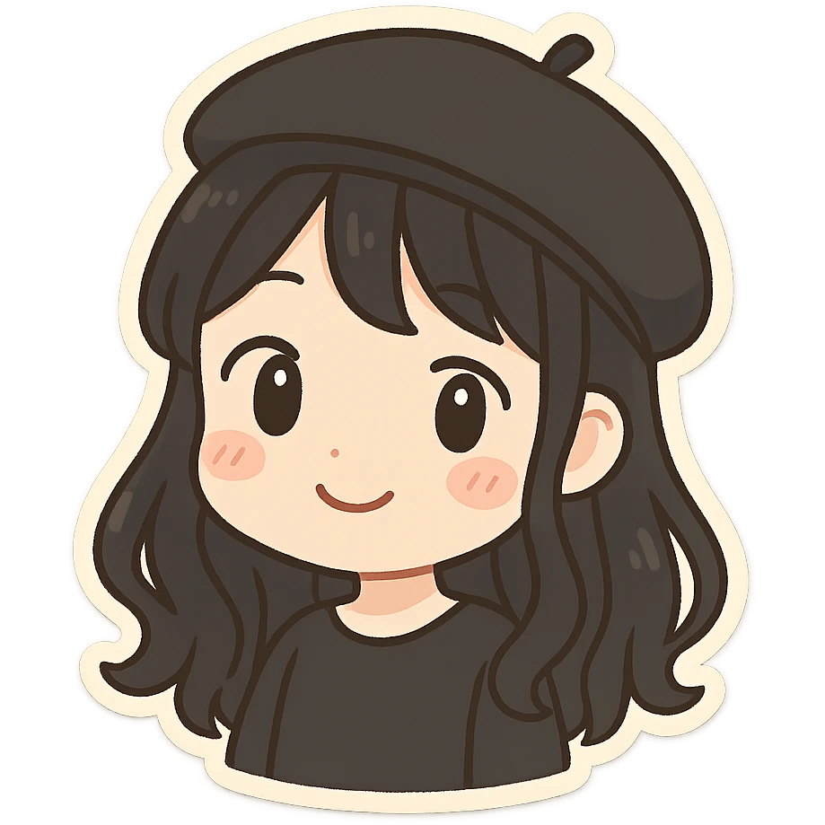 girl with dark hair and a black beret, cute expression emoji