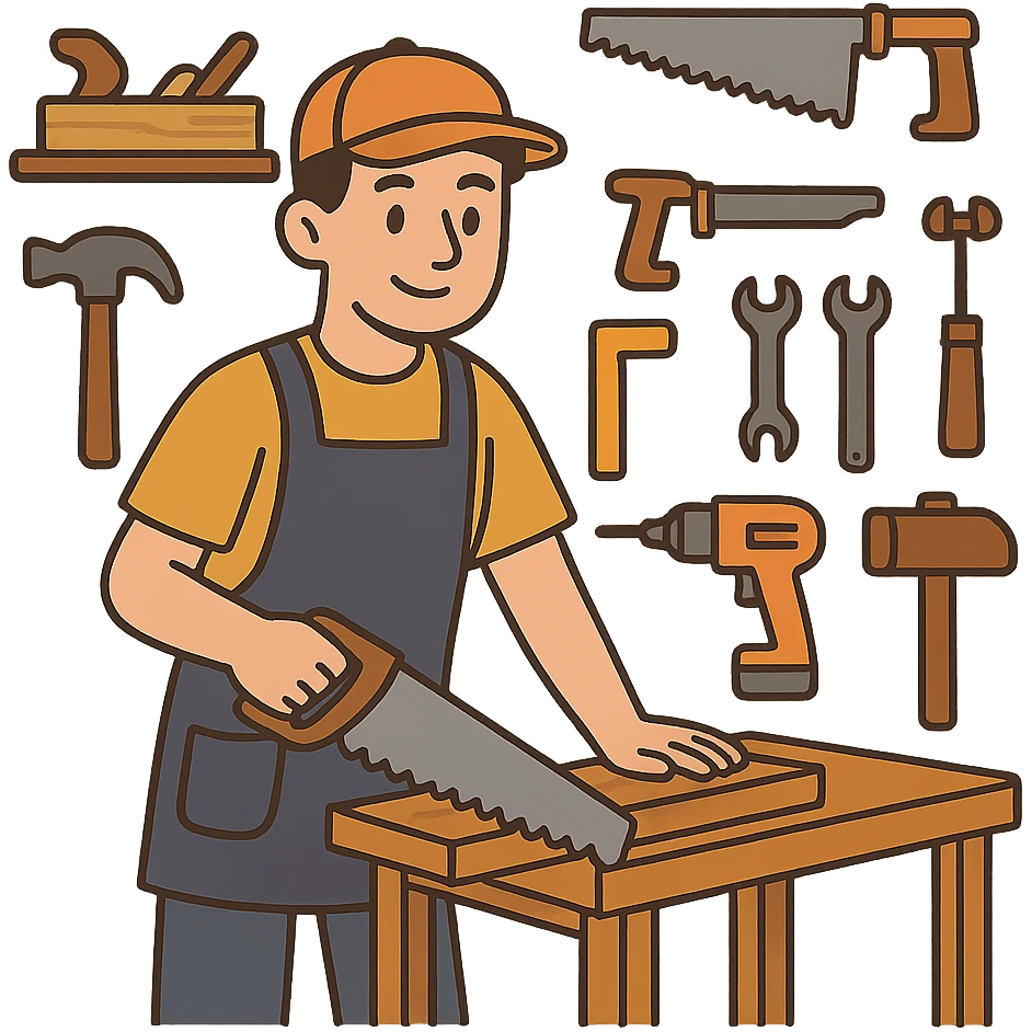 flat toon style carpintero en taller, rodeado de herramientas emoji