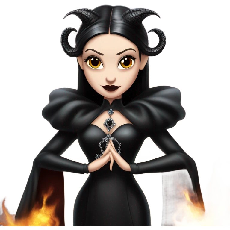 Lavish Victorian evening gown, young Morticia Addams Jedi wearing a mini tiara, riding on the back of a very large black shiny evil-looking fire-spewing horned dragon emoji