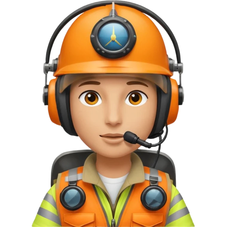 Helikopter-Flughelfer mit Oranger Weste und Helikopter Flug Helm auf dem Kopf inkl. am Helm integrierten Mikrofon vor dem Gesicht. emoji