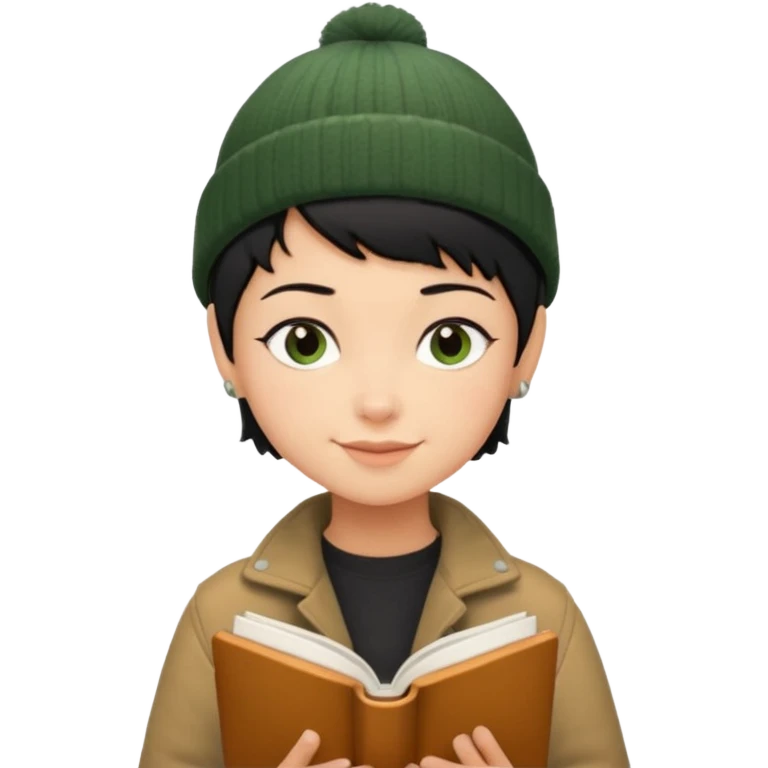 tan skin, non binary person with pixie cut black hair, wearing brown jacket and dark green beanie, shy smile , reading  book  emoji