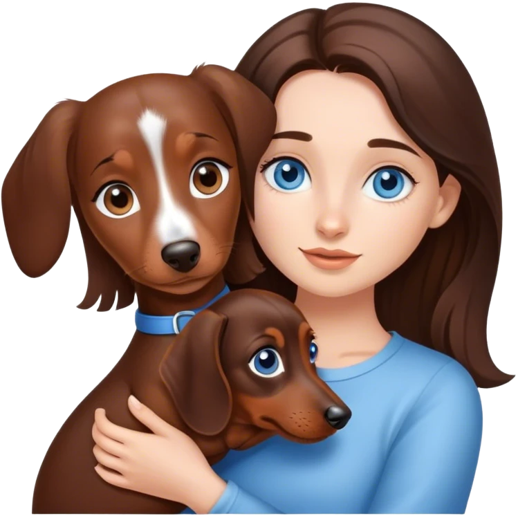 A brunette gurl with blue eyes and a puppy dashund thats brown emoji