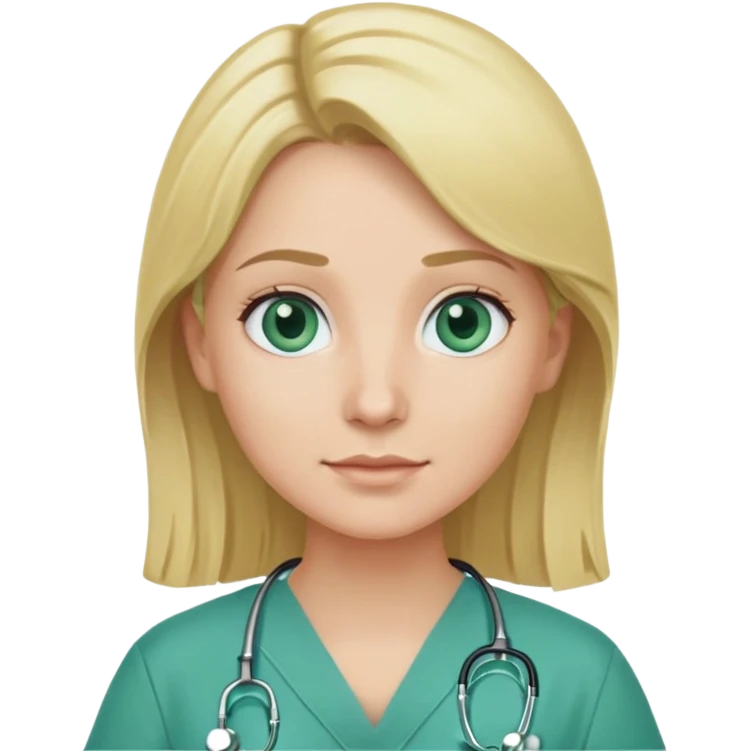 a doctor with green scrubs, blonde hair middle part, blue eyes emoji