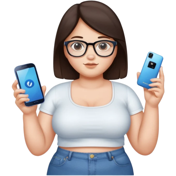 chica adolescente gordita ,pelo castaño oscuro,crop top blanco ,jeans vaqueros, espejuelos y un celular samsumg en su mano izquierda  emoji
