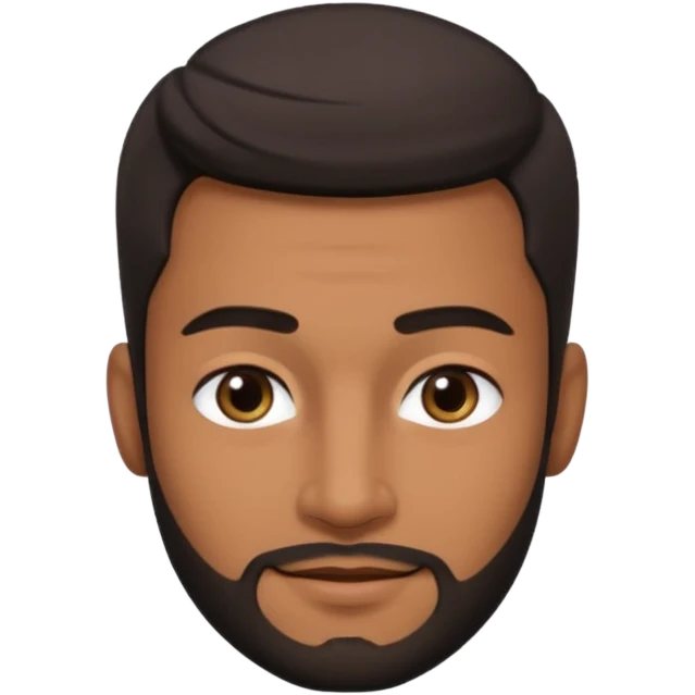 Dark olive skin man, center rised eyebrows, very light smile so that lips are very close to liner and horizontal, some how liner and small eyes emoji