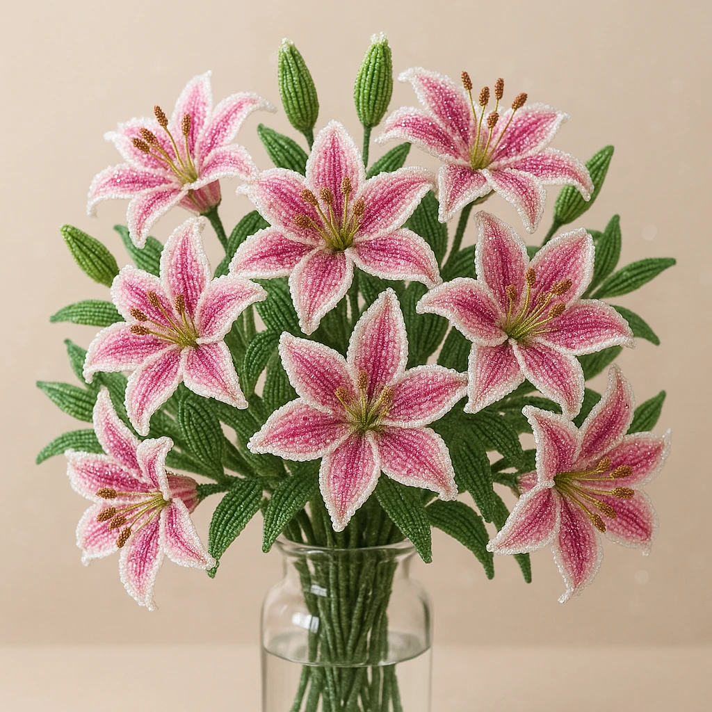 twelve french beaded pink stargazer lilies arranged in a transparent vase, sparkling beads, pink flowers with white accents, green leaves, delicate craftsmanship, soft background emoji