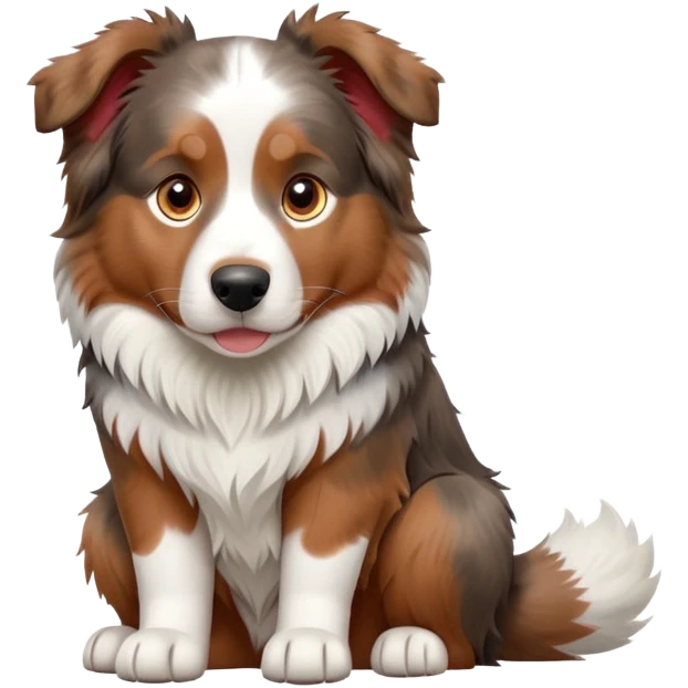 cinematic-[australian shepherd dog]-realistic-full-body-sitting-emoji,-tail-resting-loosely-beside-its-paws,-head-tilted-dramatically,-scruffy-[white and red merle]-fur,-simplified-yet-realistic-focused-features,-highly-detailed,-glowing-with-an-almost-sarcastic-glow emoji