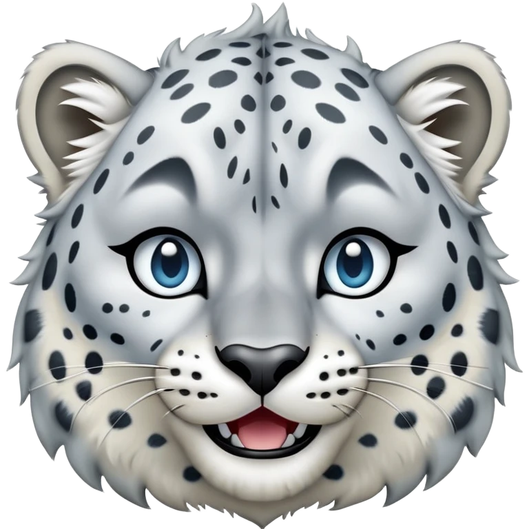 Cinematic-Comical-Snow-Leopard-Portrait-Emoji – Head tilted dramatically with an exaggeratedly amused expression, featuring a thick, spotted white-and-grey coat with a dense ruff around the neck, wide, piercing icy blue eyes filled with playful disbelief. emoji
