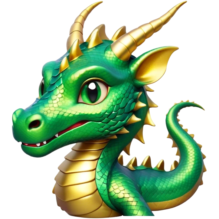 Cinematic Cute Dragon Portrait Emoji, Head tilted playfully and inquisitively, featuring a sleek, serpentine form adorned with iridescent scales that shift between emerald and gold, a delicate set of subtle horns, and round, sparkling eyes full of curious magic; rendered with realistic detail and warm natural light, high shine, affectionate and enchanting, styled with a touch of whimsical fantasy, soft glowing outline, capturing the essence of a mischievous yet lovable dragon that seems poised to slither playfully into your arms! emoji