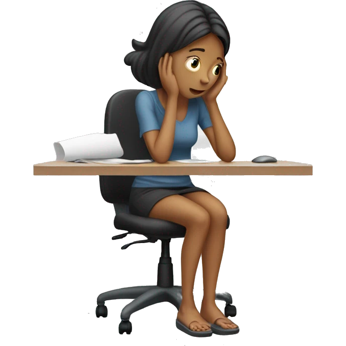 full body girl sitting at her desk with her hands on her head, she is visibly stressed. emoji